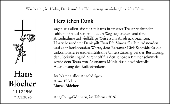 Traueranzeige von Hans Blöcher von Hinterländer Anzeiger