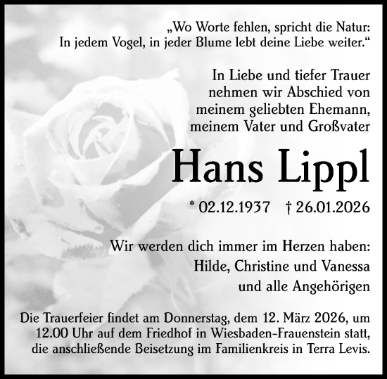 Traueranzeige von Hans Lippl von Wiesbadener Kurier
