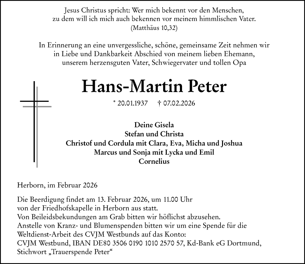  Traueranzeige für Hans-Martin Peter vom 11.02.2026 aus Wetzlarer Neue Zeitung