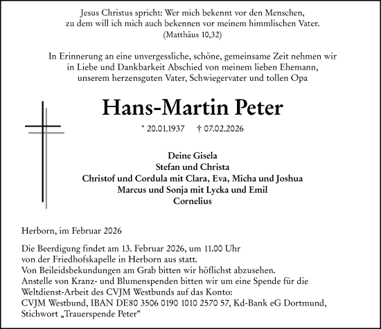 Traueranzeige von Hans-Martin Peter von Dill Block