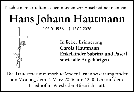 Traueranzeige von Hans Johann Hautmann von Wiesbadener Kurier