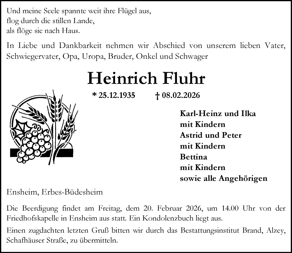  Traueranzeige für Heinrich Fluhr vom 14.02.2026 aus Allgemeine Zeitung Alzey