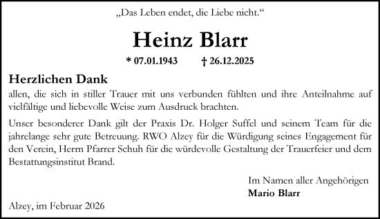 Traueranzeige von Heinz Blarr von Allgemeine Zeitung Alzey