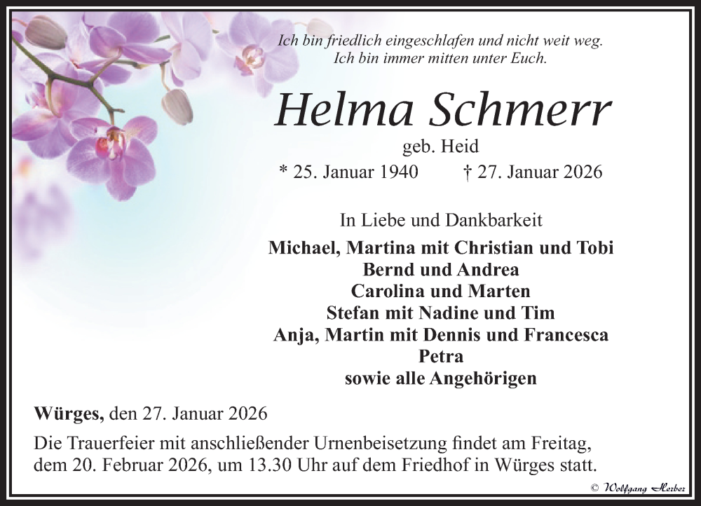  Traueranzeige für Helma Schmerr vom 12.02.2026 aus Camberger Anzeiger