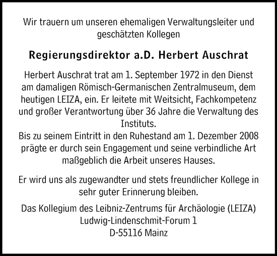 Traueranzeige von Herbert Auschrat von Allgemeine Zeitung Mainz