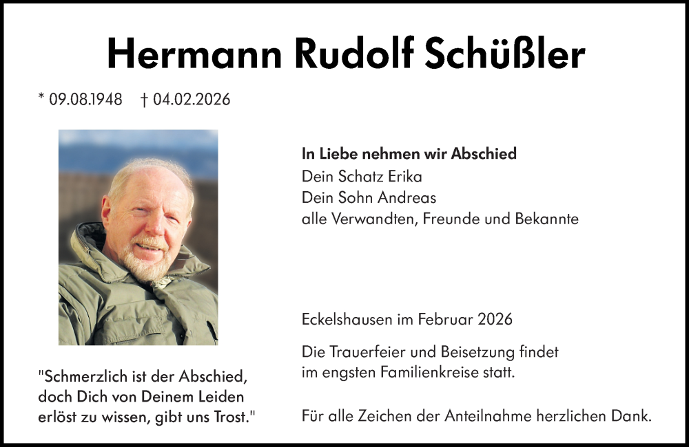  Traueranzeige für Hermann Rudolf Schüßler vom 10.02.2026 aus Hinterländer Anzeiger