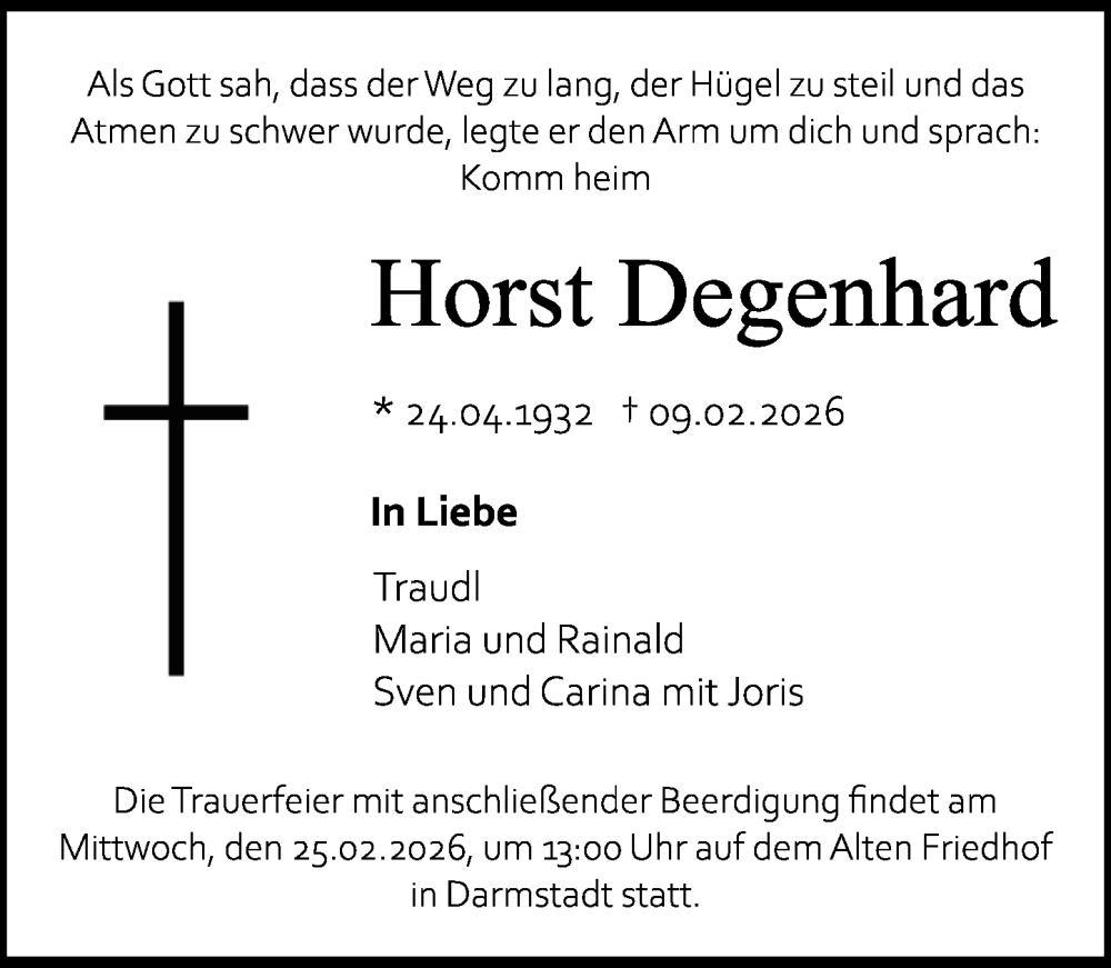  Traueranzeige für Horst Degenhard vom 14.02.2026 aus Darmstädter Echo