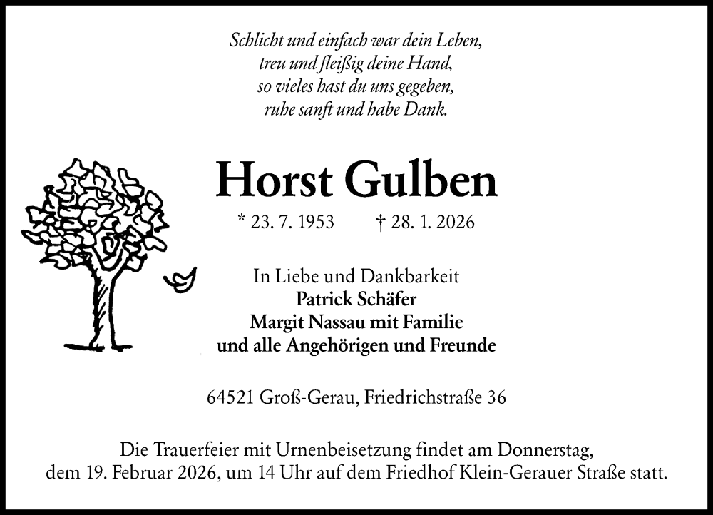  Traueranzeige für Horst Gulben vom 14.02.2026 aus Groß-Gerauer Echo