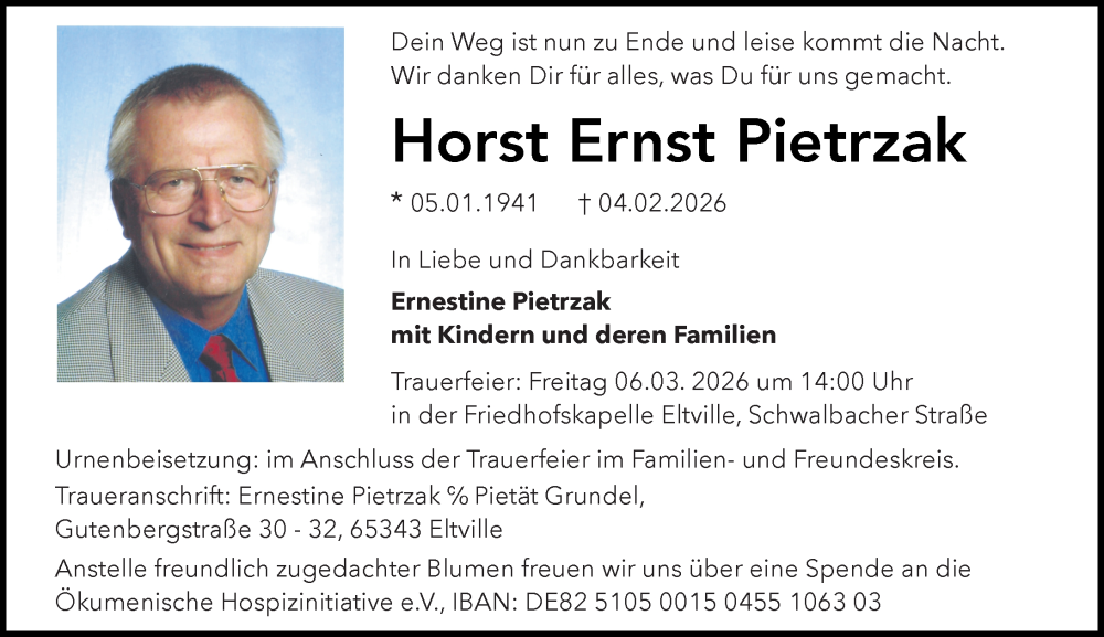  Traueranzeige für Horst Ernst Pietrzak vom 14.02.2026 aus Rheingau Kurier