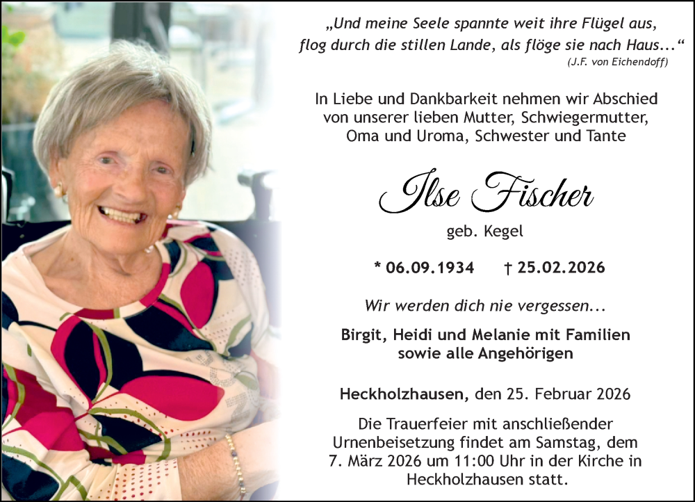  Traueranzeige für Ilse Fischer vom 28.02.2026 aus Weilburger Tageblatt