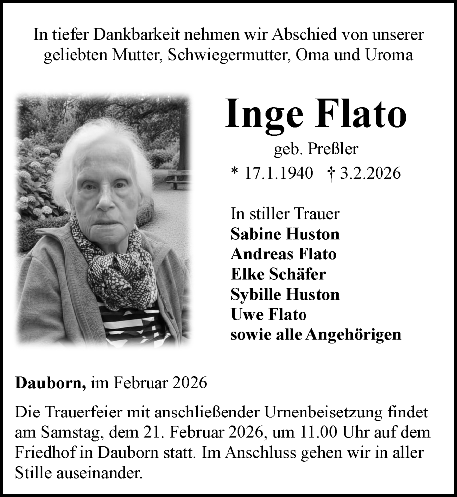  Traueranzeige für Inge Flato vom 12.02.2026 aus Camberger Anzeiger