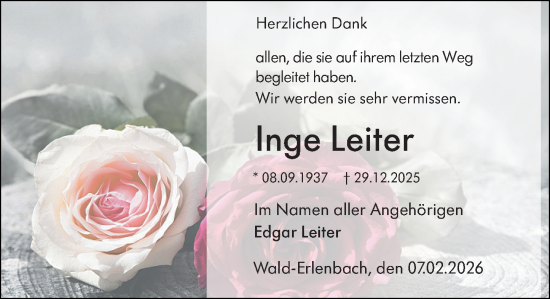 Traueranzeige von Inge Leiter von Starkenburger Echo