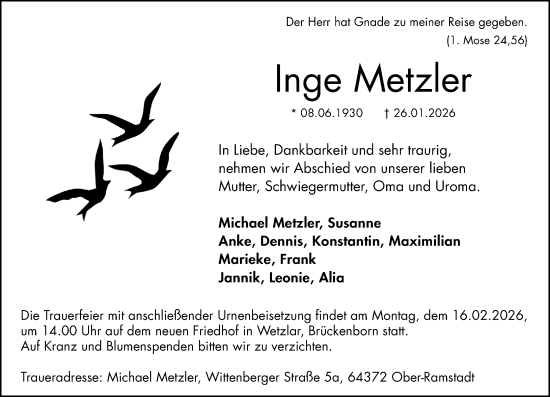 Traueranzeige von Inge Metzler von Wetzlarer Neue Zeitung