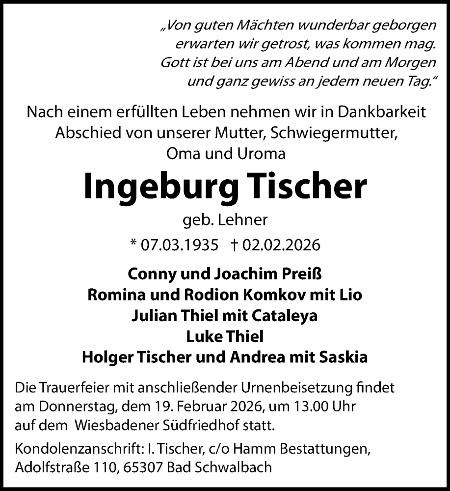 Traueranzeige für Ingeburg Tischer vom 07.02.2026 aus Wiesbadener Kurier