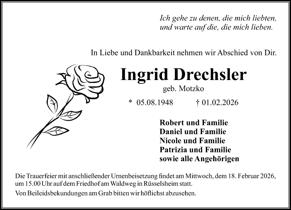  Traueranzeige für Ingrid Drechsler vom 07.02.2026 aus Rüsselsheimer Echo