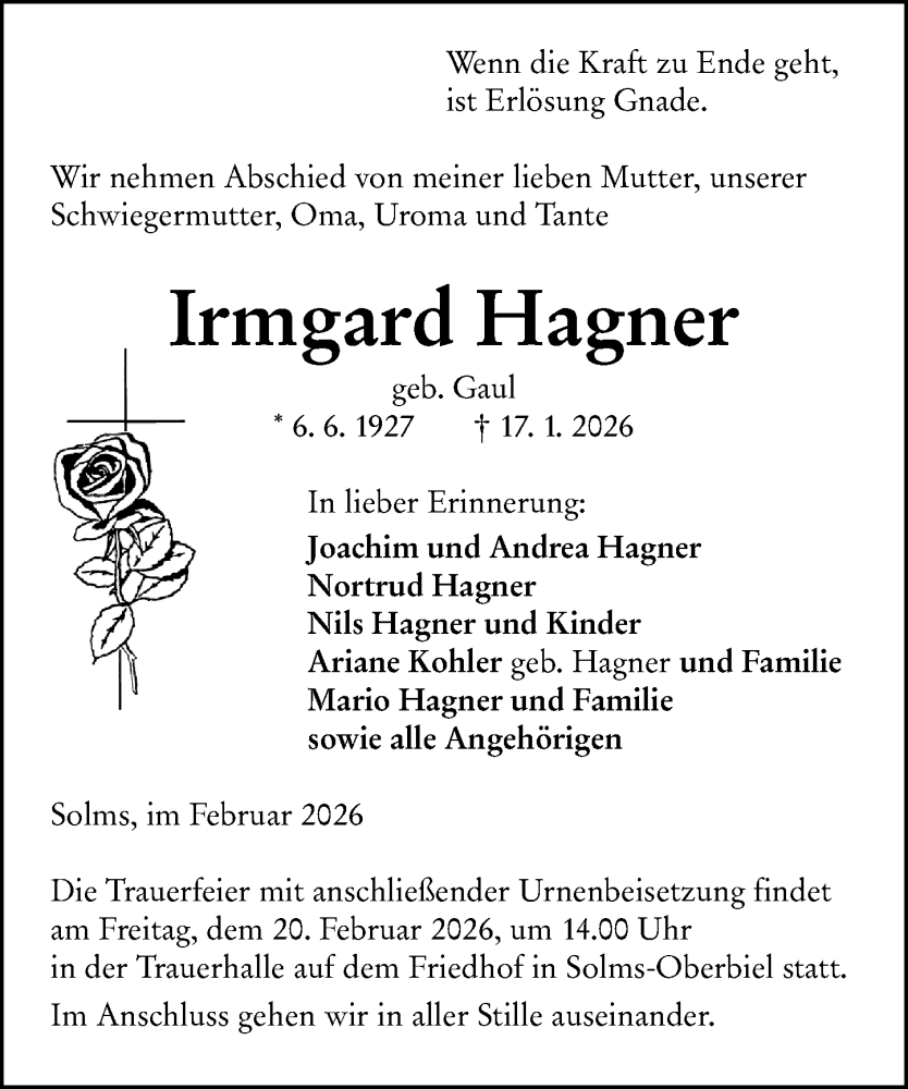  Traueranzeige für Irmgard Hagner vom 13.02.2026 aus Wetzlarer Neue Zeitung