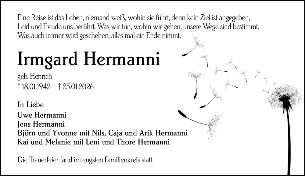  Traueranzeige für Irmgard Hermanni vom 07.02.2026 aus Wetzlarer Neue Zeitung