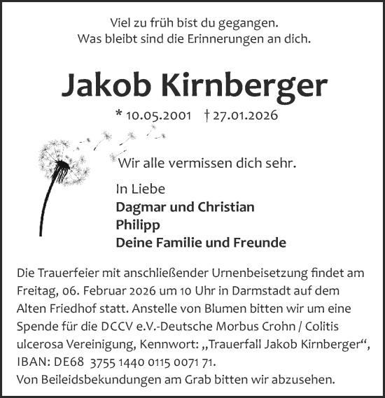 Traueranzeige von Jakob Kirnberger von Darmstädter Echo