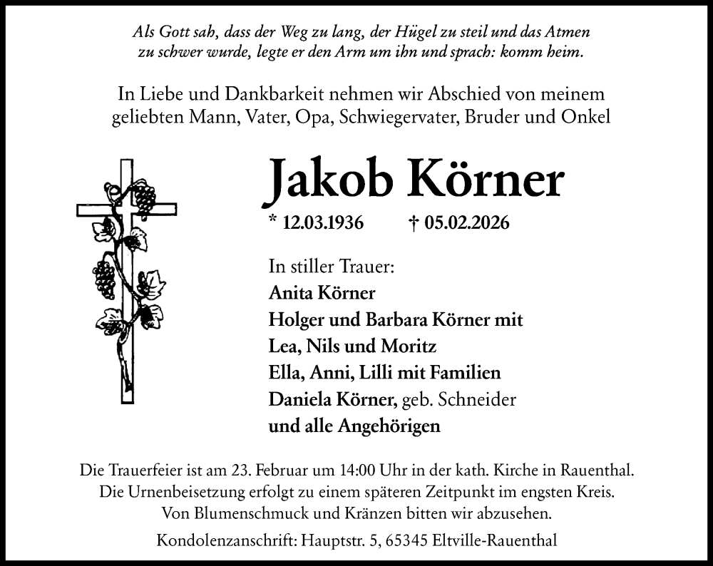  Traueranzeige für Jakob Körner vom 14.02.2026 aus Rheingau Kurier