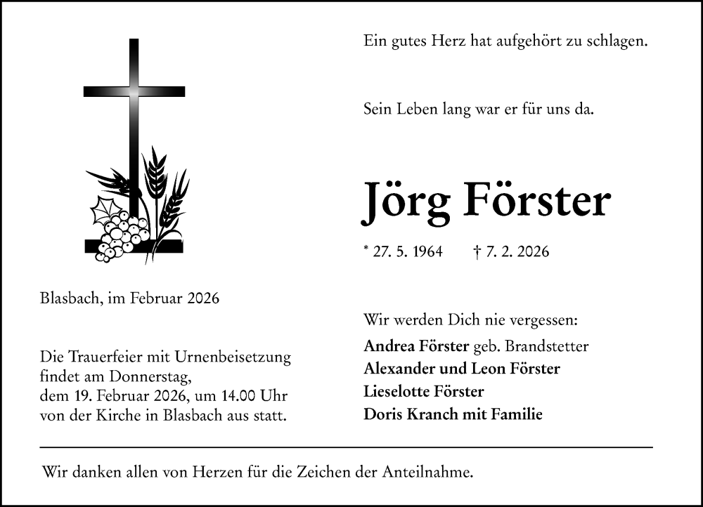  Traueranzeige für Jörg Förster vom 16.02.2026 aus Wetzlarer Neue Zeitung