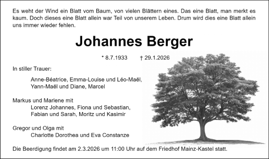 Traueranzeige von Johannes Berger von Allgemeine Zeitung Mainz