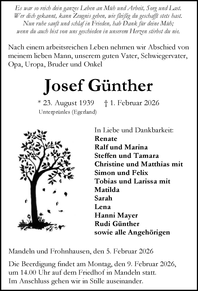  Traueranzeige für Josef Günther vom 05.02.2026 aus Dill Block