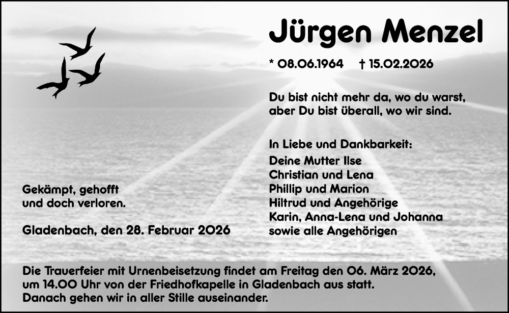  Traueranzeige für Jürgen Menzel vom 28.02.2026 aus Hinterländer Anzeiger