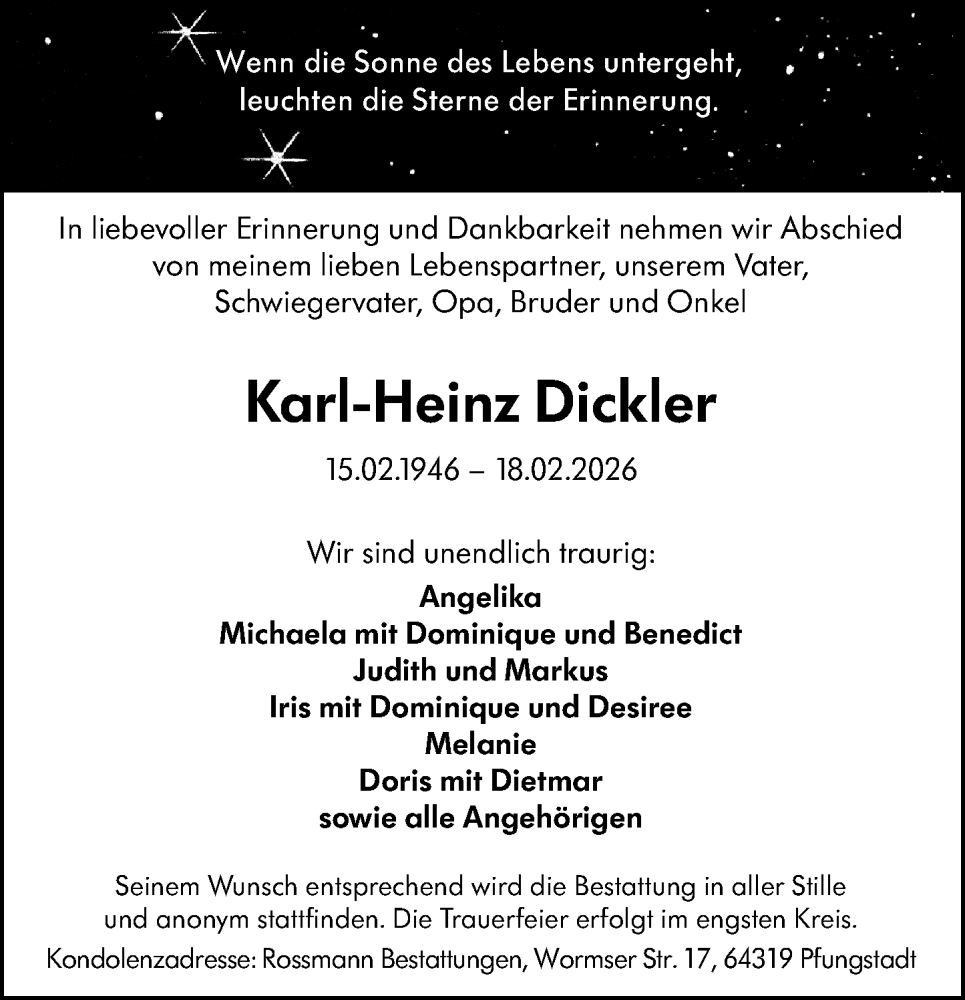  Traueranzeige für Karl-Heinz Dickler vom 21.02.2026 aus Darmstädter Echo