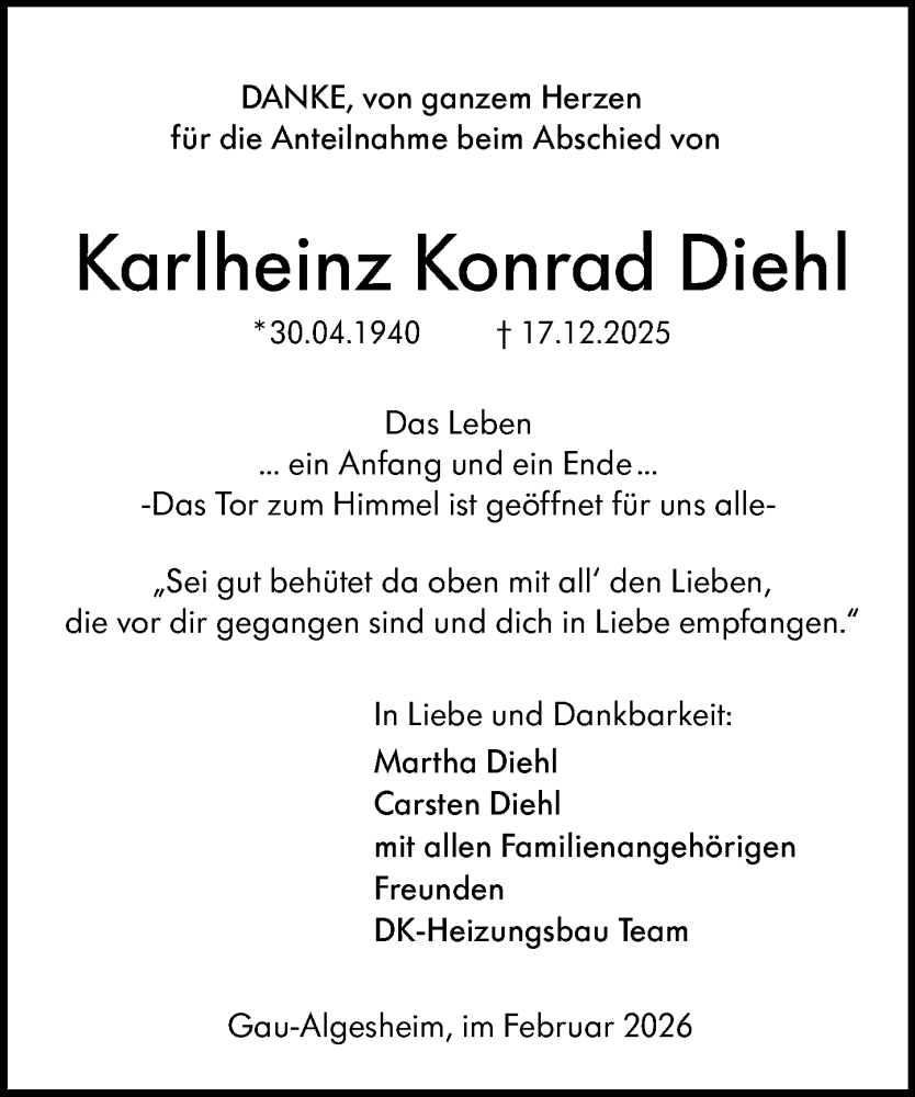  Traueranzeige für Karlheinz Konrad Diehl vom 14.02.2026 aus Allgemeine Zeitung Rheinhessen-Nahe