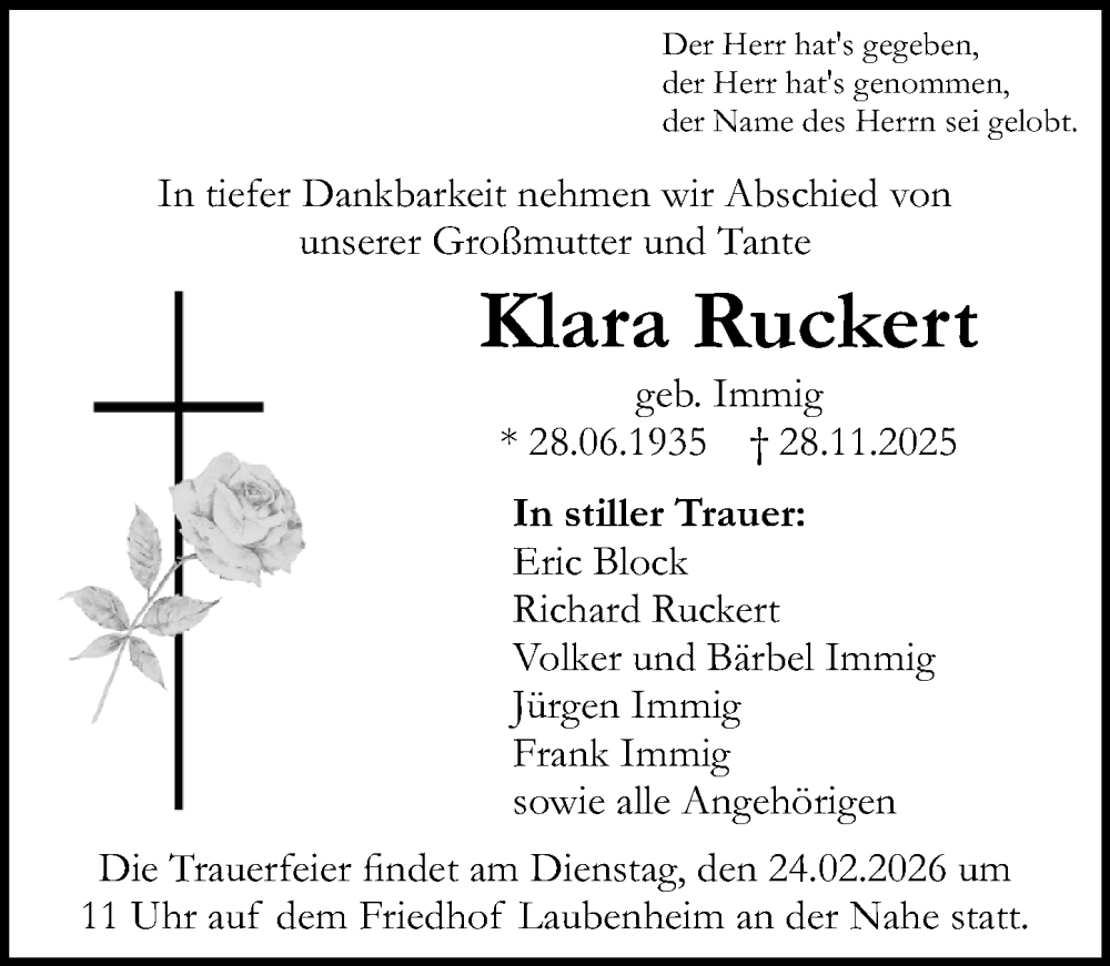  Traueranzeige für Klara Ruckert vom 14.02.2026 aus Allgemeine Zeitung Rheinhessen-Nahe