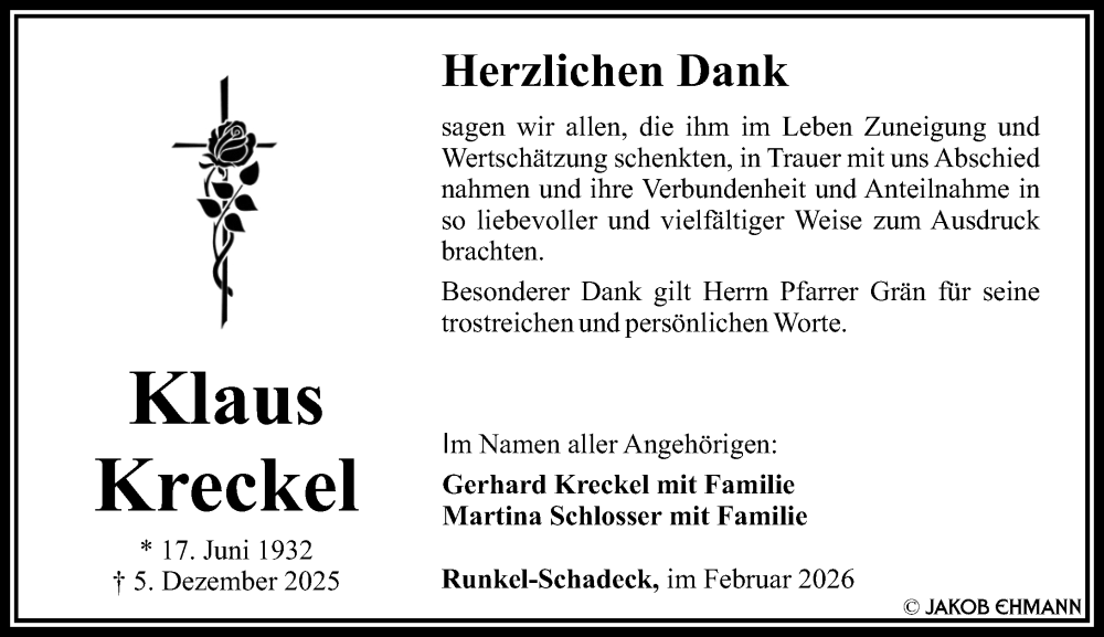  Traueranzeige für Klaus Kreckel vom 07.02.2026 aus Weilburger Tageblatt