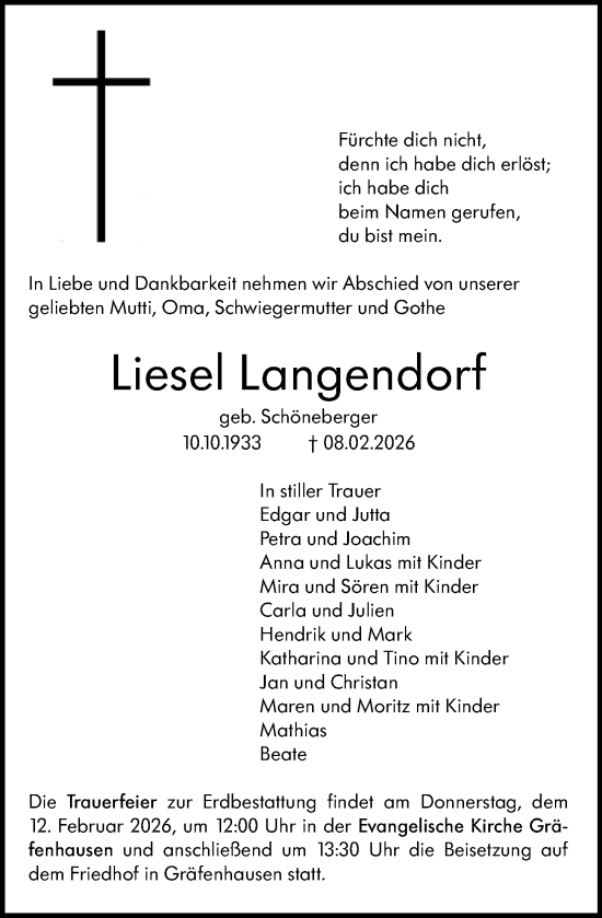 Traueranzeige von Liesel Langendorf von Darmstädter Echo