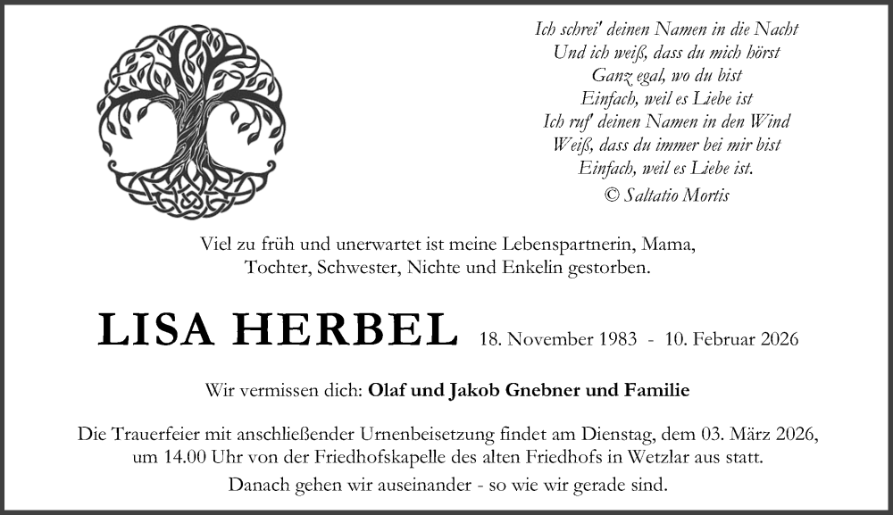  Traueranzeige für Lisa Herbel vom 28.02.2026 aus Wetzlarer Neue Zeitung