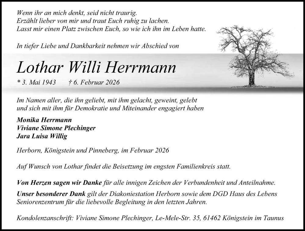  Traueranzeige für Lothar Willi Herrmann vom 11.02.2026 aus Dill Block