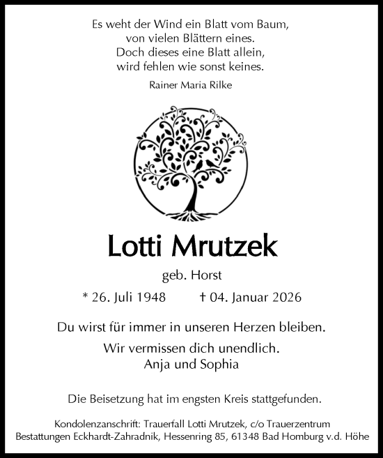Traueranzeige von Lotti Mrutzek von Groß-Gerauer Echo