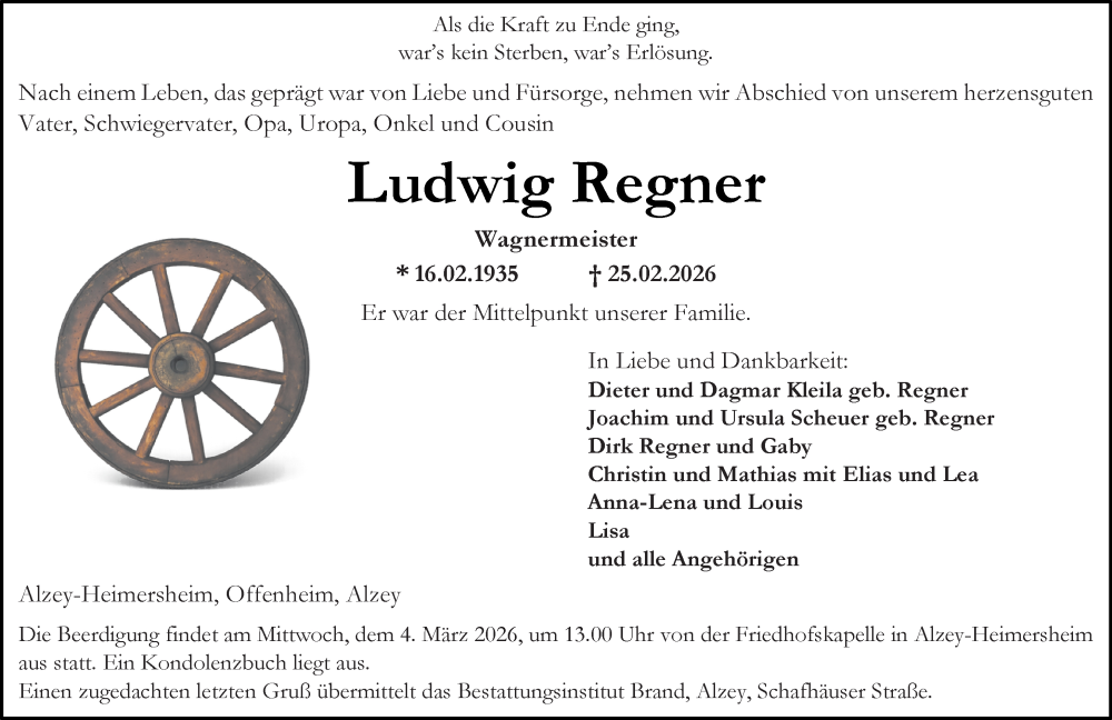  Traueranzeige für Ludwig Regner vom 28.02.2026 aus Allgemeine Zeitung Alzey