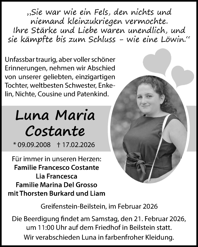  Traueranzeige für Luna Maria Costante vom 20.02.2026 aus Dill Block