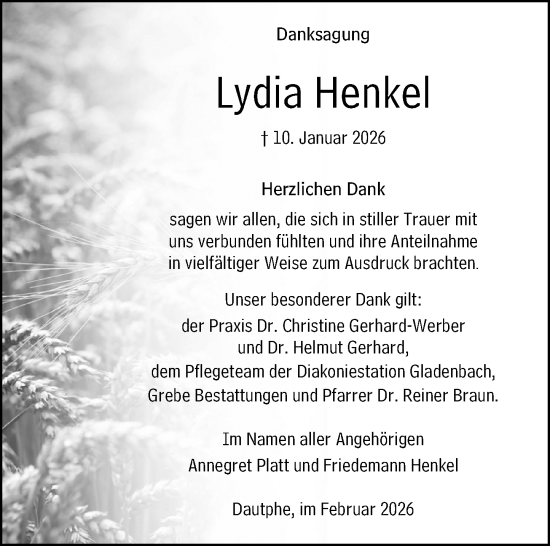 Traueranzeige von Lydia Henkel von Hinterländer Anzeiger
