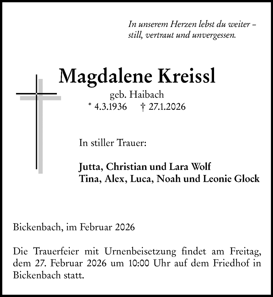  Traueranzeige für Magdalene Kreissl vom 07.02.2026 aus Darmstädter Echo