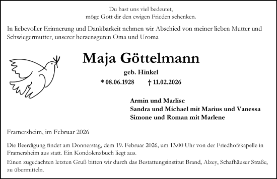 Traueranzeige von Maja Göttelmann von Allgemeine Zeitung Alzey
