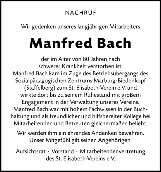 Traueranzeige von Manfred Bach von Hinterländer Anzeiger