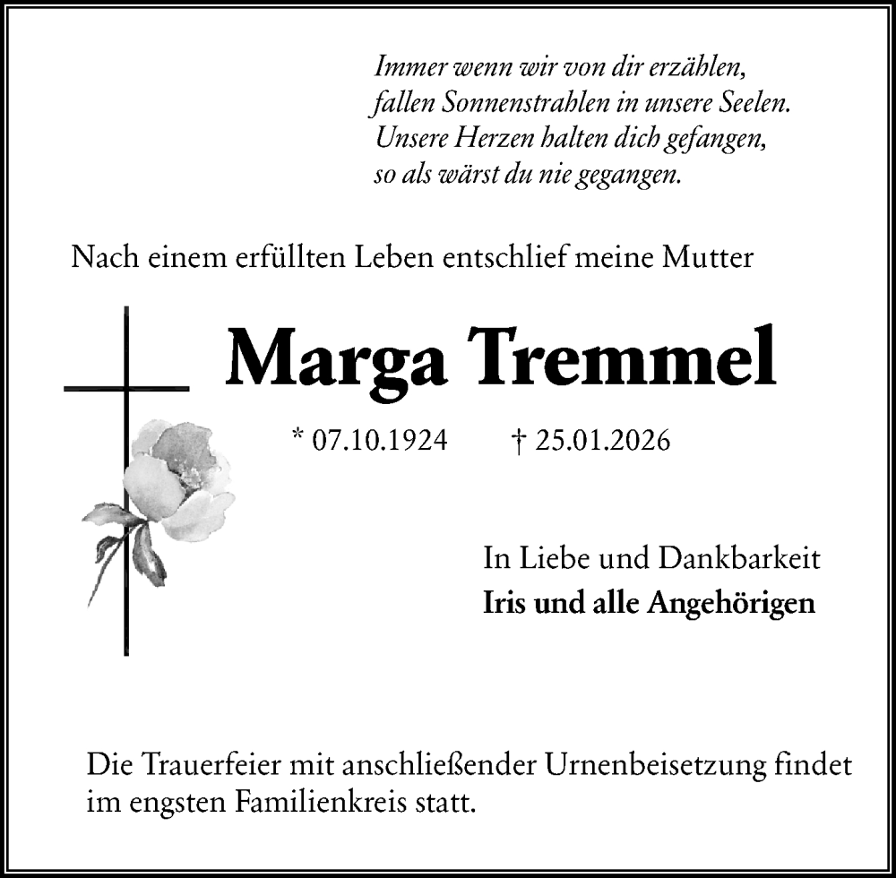  Traueranzeige für Marga Tremmel vom 12.02.2026 aus Starkenburger Echo