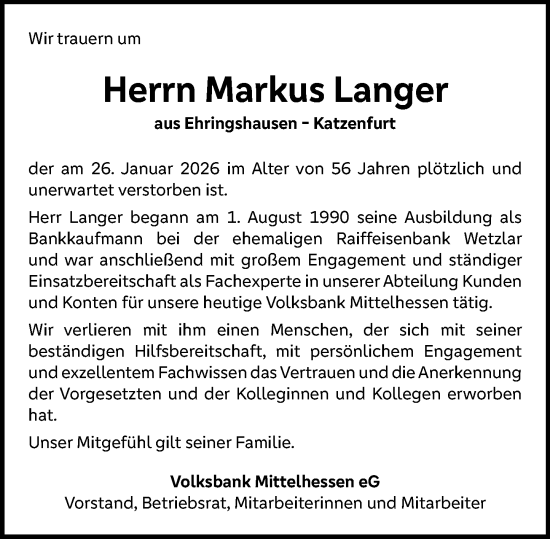 Traueranzeige von Markus Langer von Wetzlarer Neue Zeitung