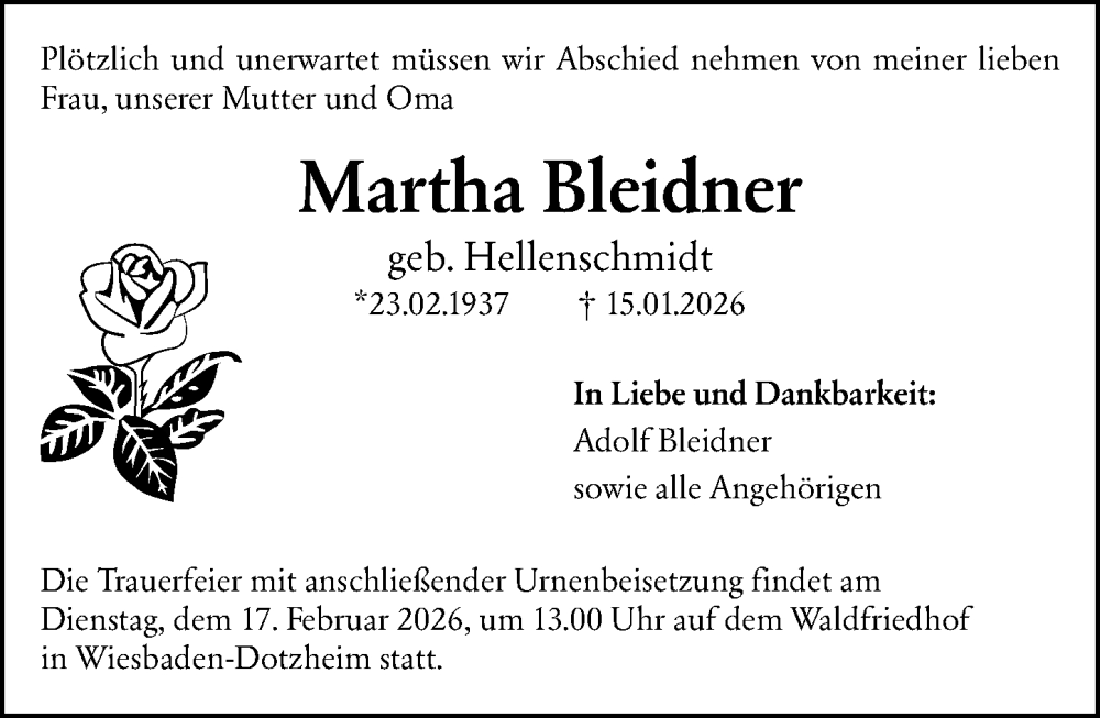  Traueranzeige für Martha Bleidner vom 07.02.2026 aus Wiesbadener Kurier