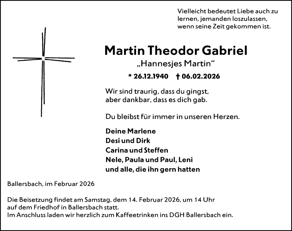  Traueranzeige für Martin Theodor Gabriel vom 12.02.2026 aus Dill Block