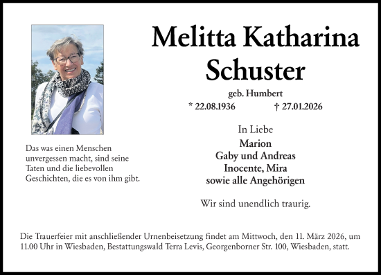 Traueranzeige von Melitta Katharina Schuster von Wiesbadener Kurier