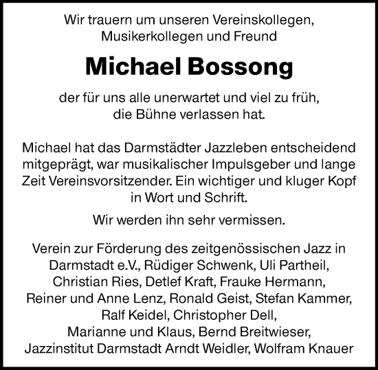 Traueranzeige von Michael Bossong von Darmstädter Echo