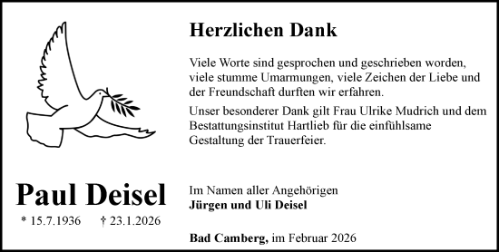Traueranzeige von Paul Deisel von Camberger Anzeiger