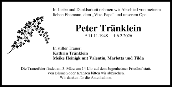 Traueranzeige von Peter Tränklein von Darmstädter Echo