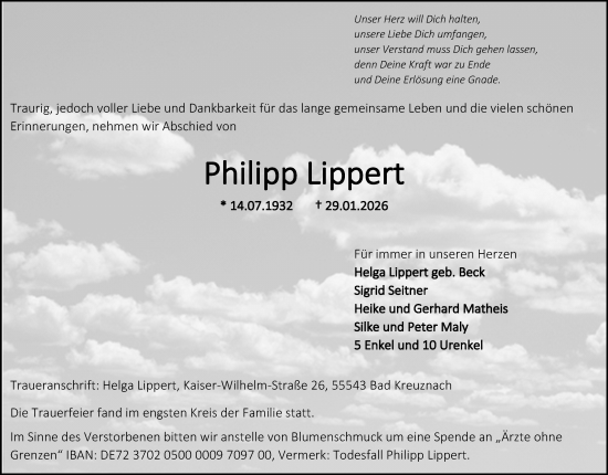 Traueranzeige von Philipp Lippert von Allgemeine Zeitung Rheinhessen-Nahe